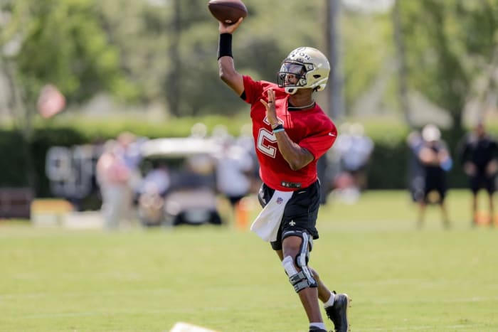 Jun 2, 2022; New Orleans Saints Jameis Winston (2) works on passing drills during organized team activities at the Saints Training Facility. Mandatory Credit: Stephen Lew-USA TODAY Sports